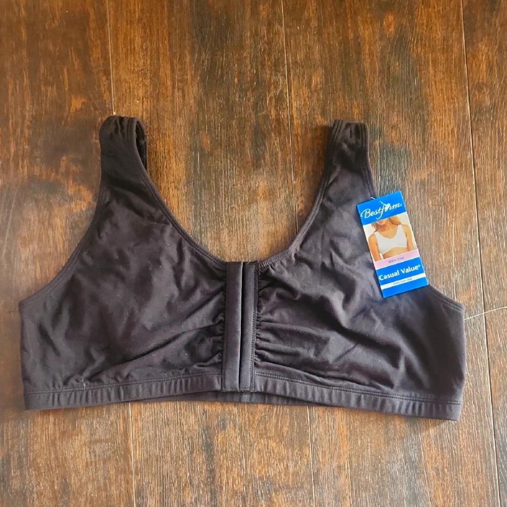 nwt BESTFORM wire free low impact Women's Black cotton Front Close Sports Bra 48